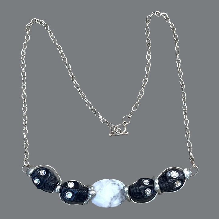 Handcrafted Bohemian Necklace W/ Onyx Skulls Swarovskis & Marble Centerpiece