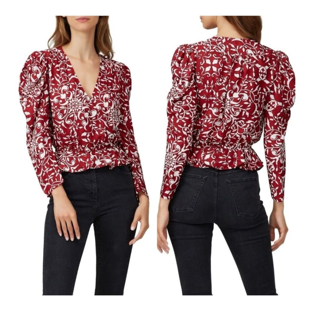 The Kooples Red Botanical Floral Print Puff Sleeve Peplum Silk Blend Top Size S