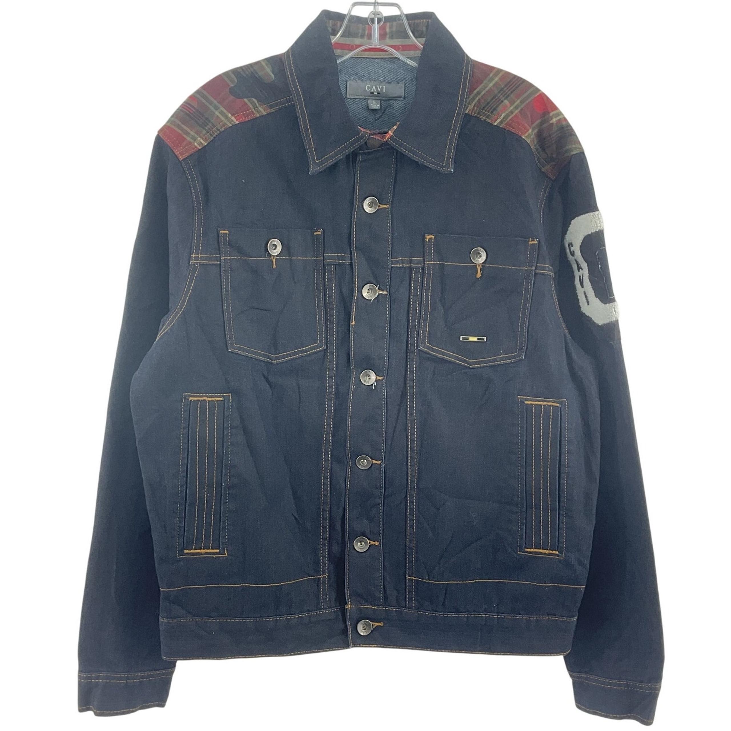 Cavi Blue Dark Wash Denim Button-Up Plaid Jean Jacket Cotton Blend Men’s Size L