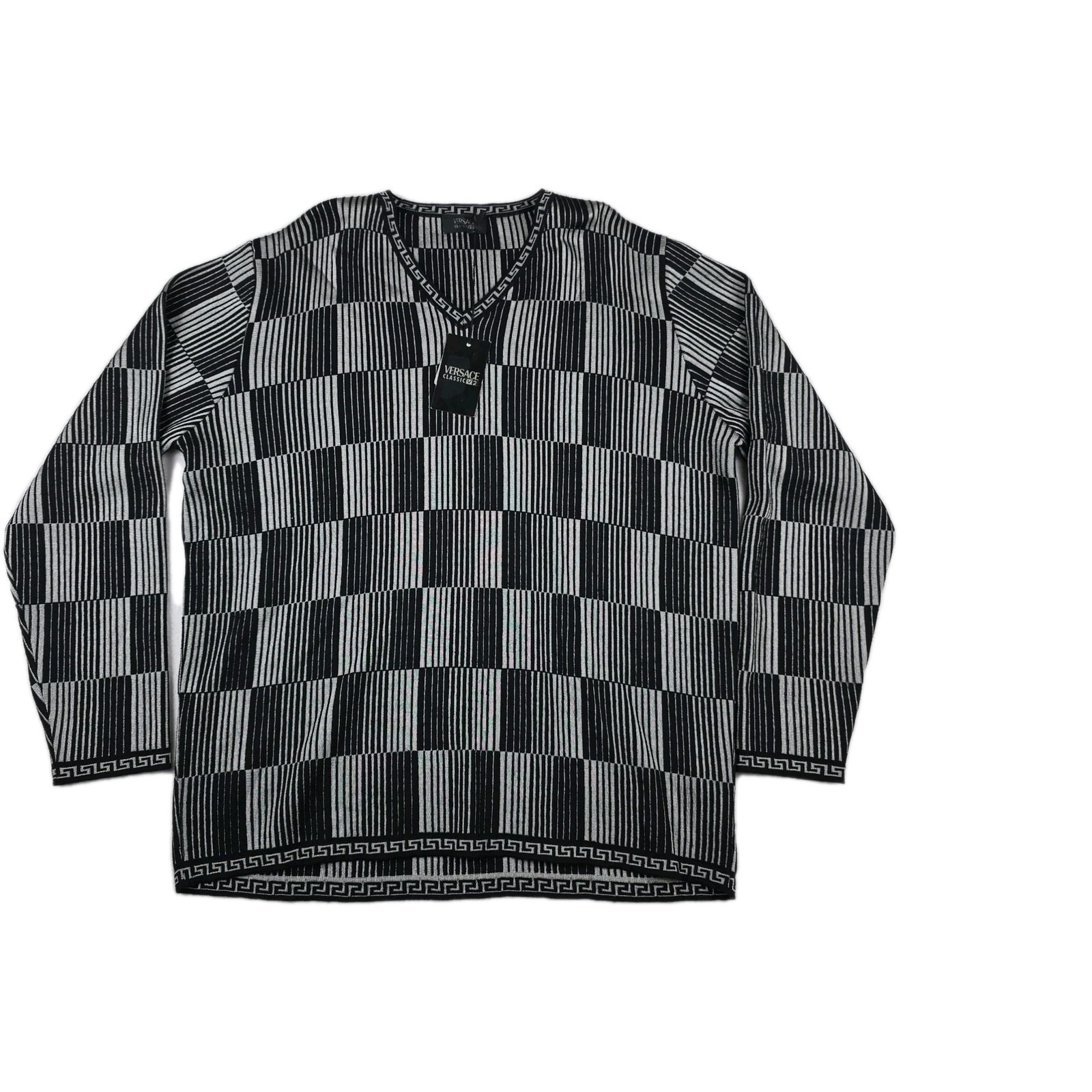 Versace Classic V2 Merino Wool Geometric Black Gray Sweater Men's XXL New