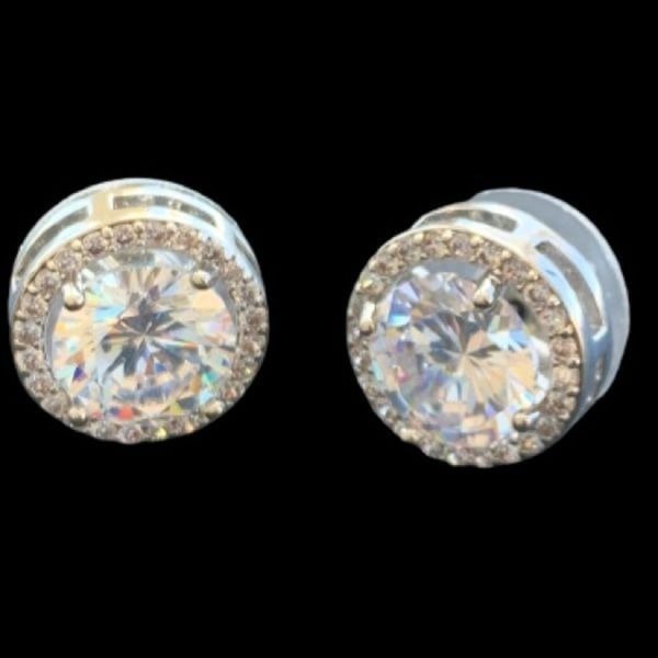 Big Sparkly Round CZ Stud Earrings with Halo, Silver Tone Setting, Elegant Gift