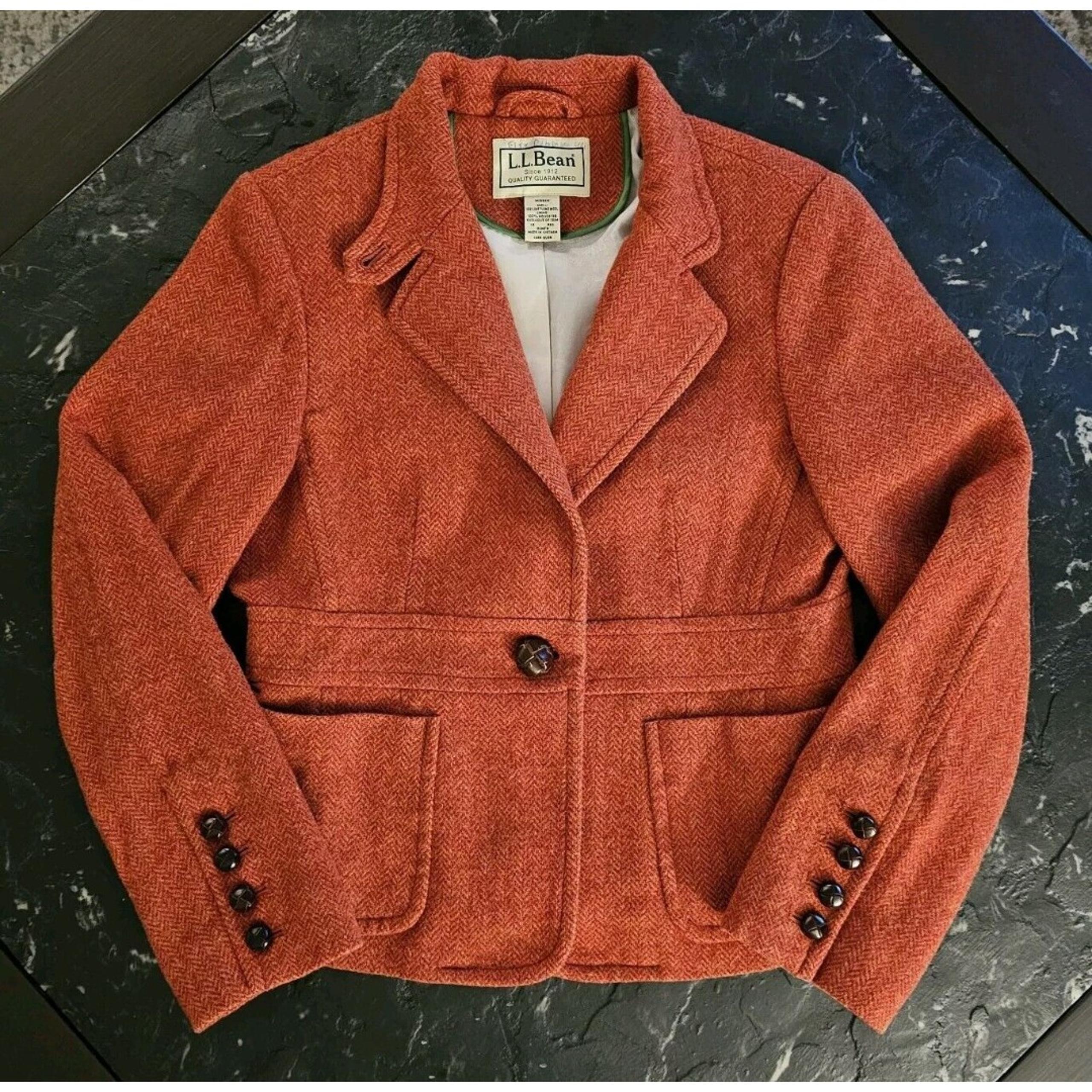 LL Bean Shetland Wool Field Jacket Orange Blazer Tweed Hunting Dog Womens 12 R