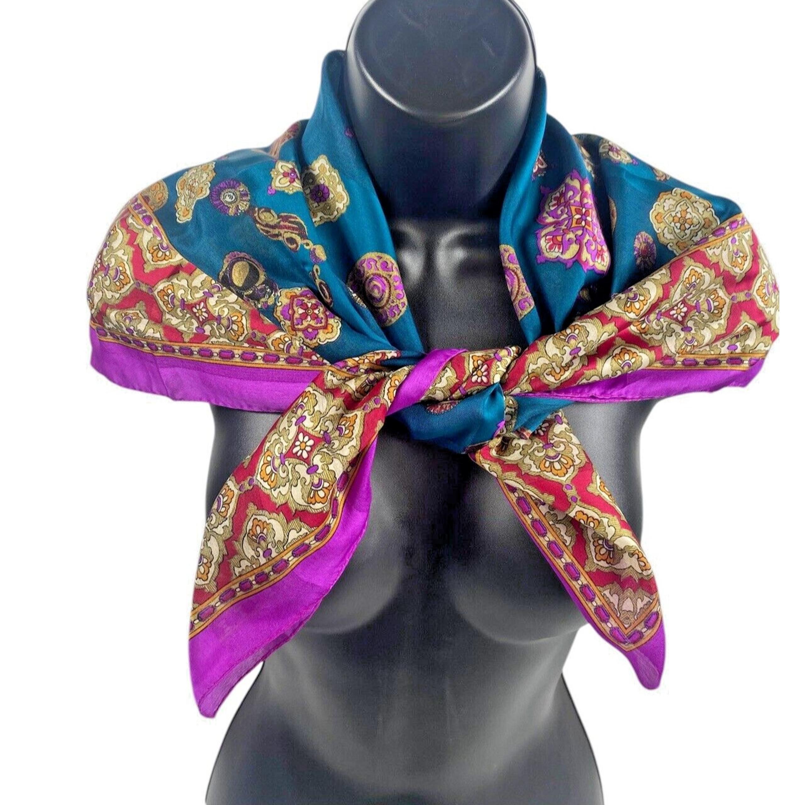 Vintage Scarf Teal Purple Red Ornate Art Nouveau 1980s Preppy Tailored - Berkshire