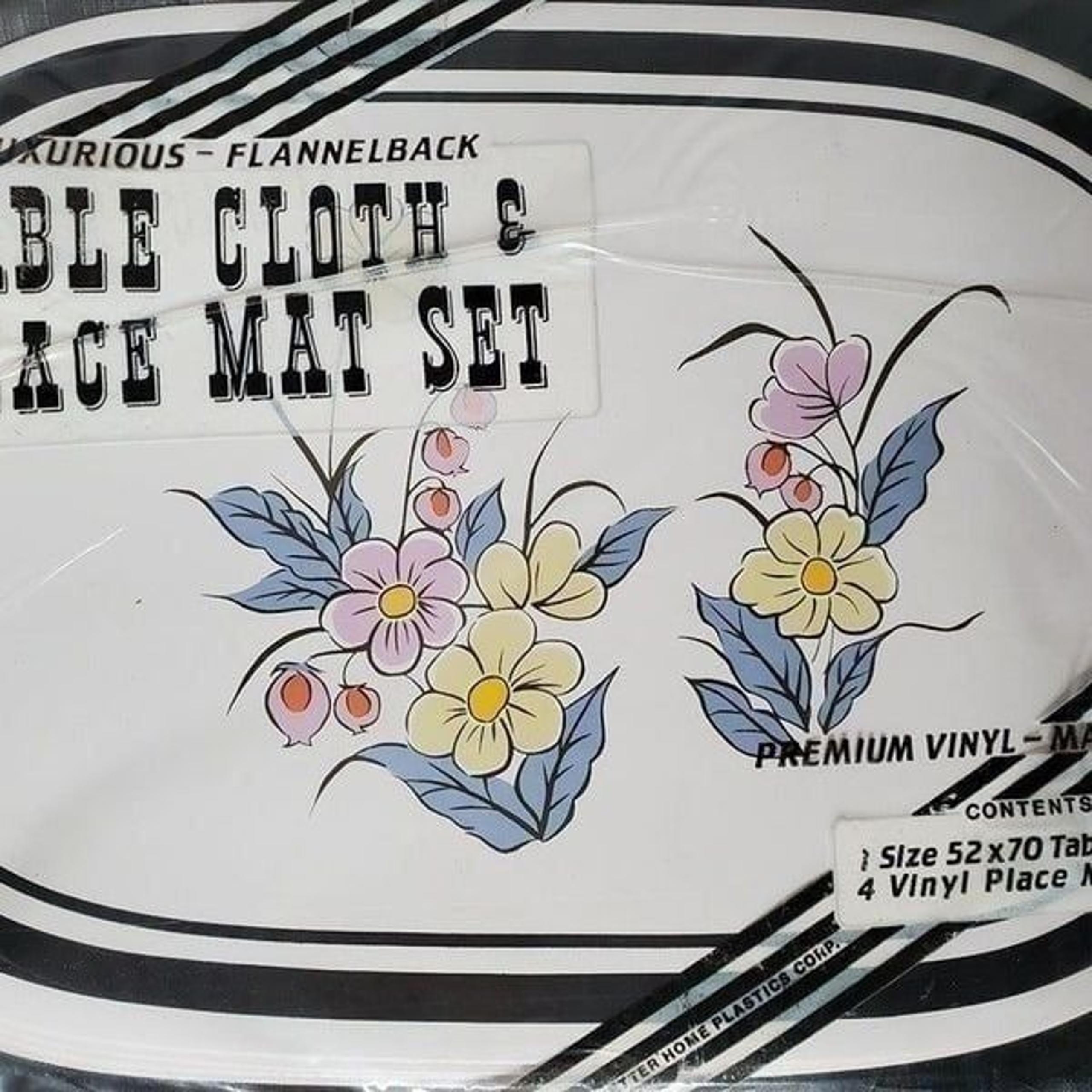 Vtg 80s 90s 4 Floral Vinyl Placemats Flannel Backed Table Cloth Blue Black - Unique Vintage