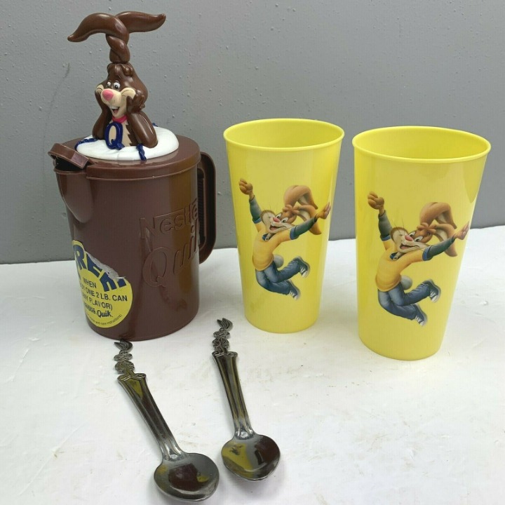 Nestle Quik Nesquik Lot Spoons Blender Pitcher Cups Rabbit Stainless Steel Milk