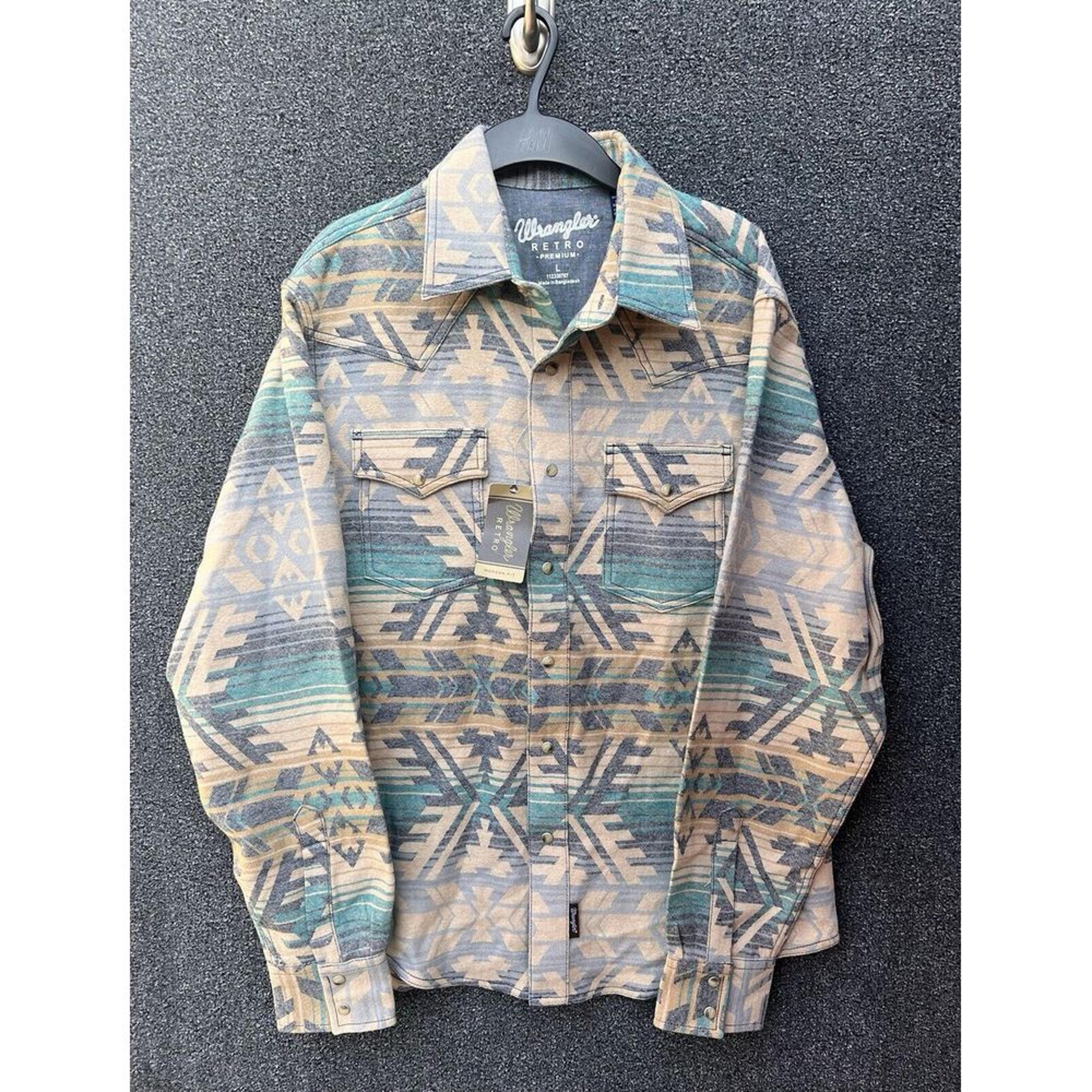Wrangler Retro Premium Men's L Pearl Snap Aztec Jacquard Shirt Deep Blue