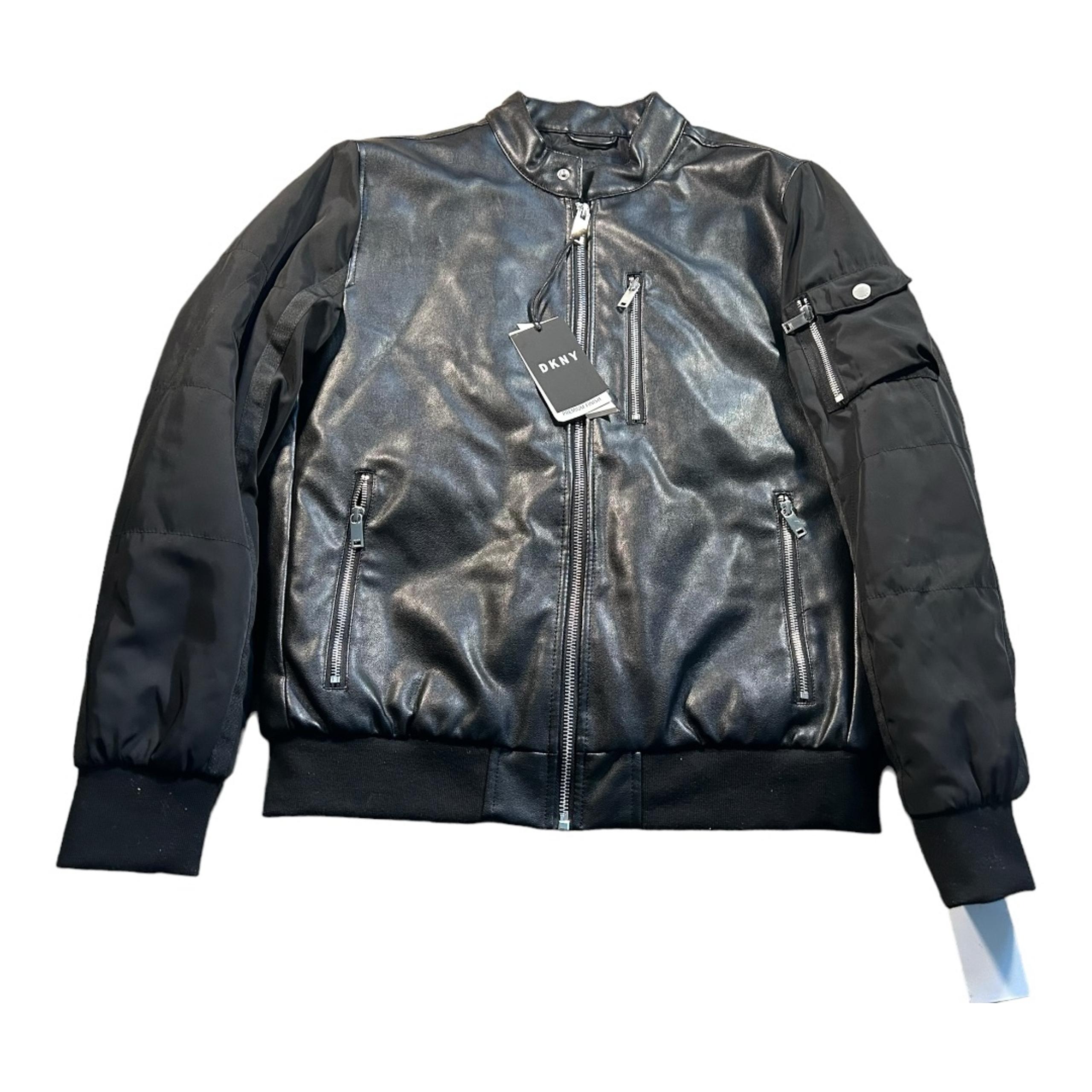 DKNY Men's Faux Leather Bomber Coat in black