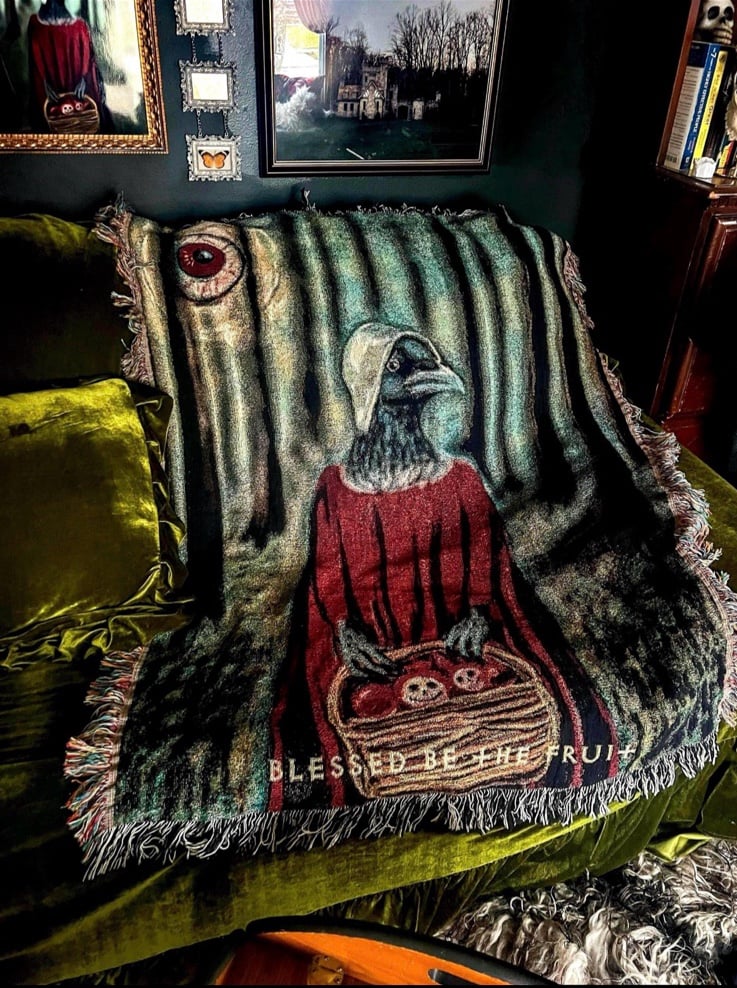 Gothic Folk Art Woven Throw Blanket and Wall Tapesty, Dark Cottagecore Decor