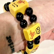 Vintage Bakelite MahJong Tile Bracelet, Butterscotch w Black Beads Between Tiles