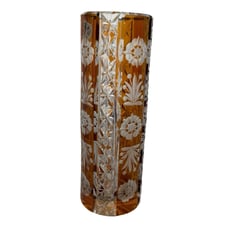 Crystal Vase Amber Hand Cut To Clear Huge 8 Tall Floral Design Vintage Poland
