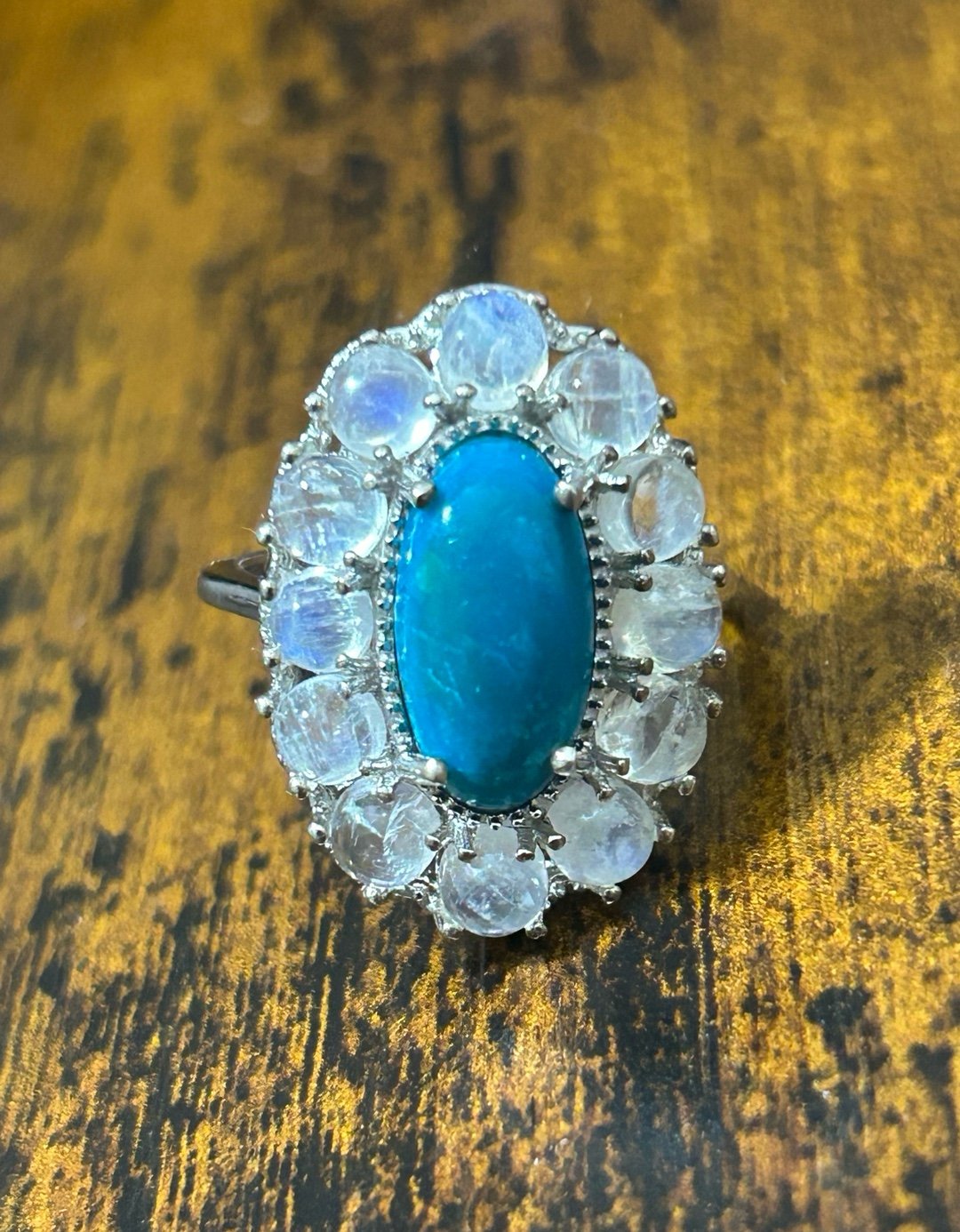 Platinum Over Sterling Silver Peruvian Opalina & Glow Moonstone ring E 182