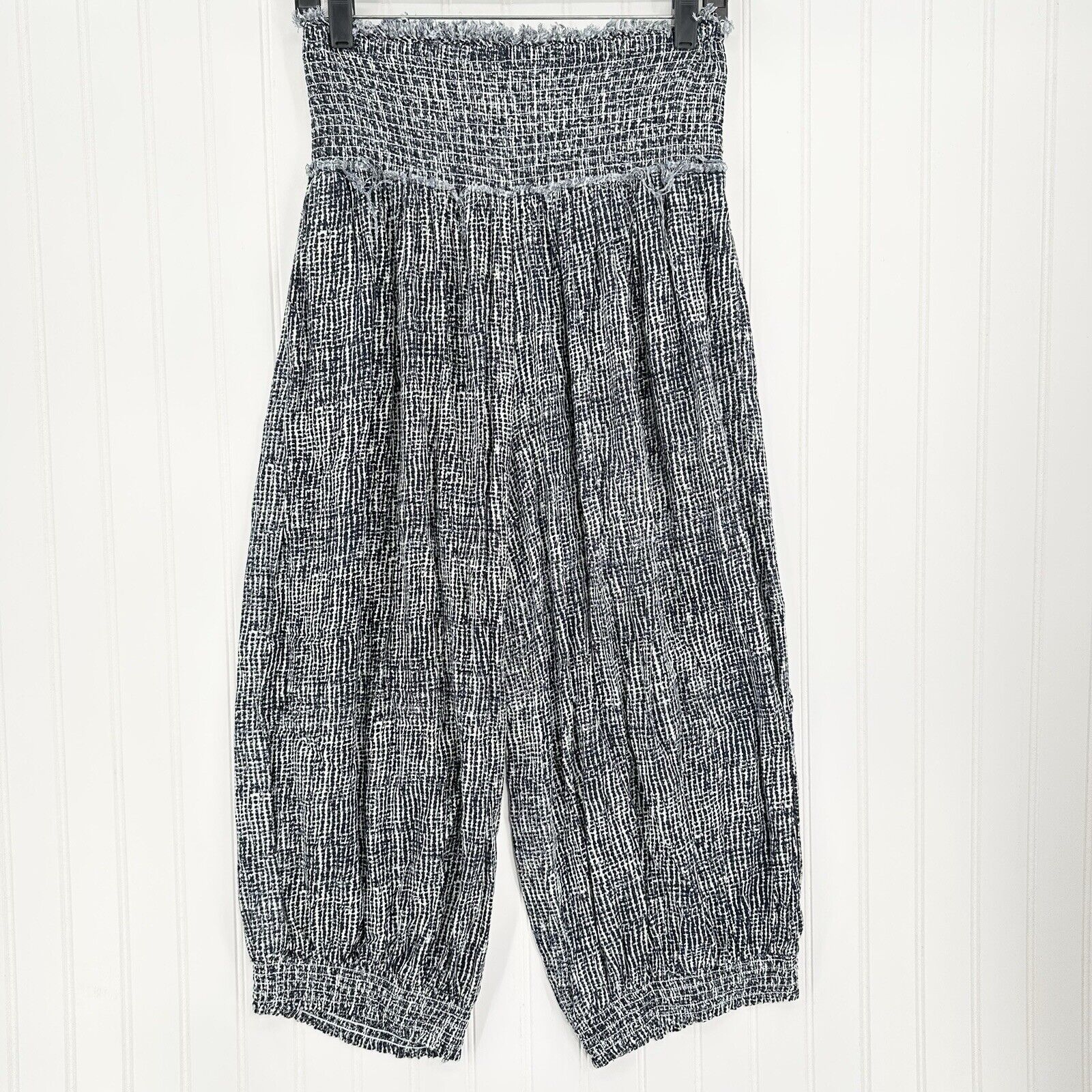 Easel Pants Womens Small Harem Wide Crop Blue White Fringe Flowy Rayon Boho EUC