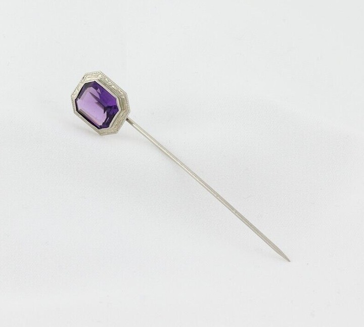 10k White Gold Antique Ostby & Barton Stick Hat Pin Purple Glass