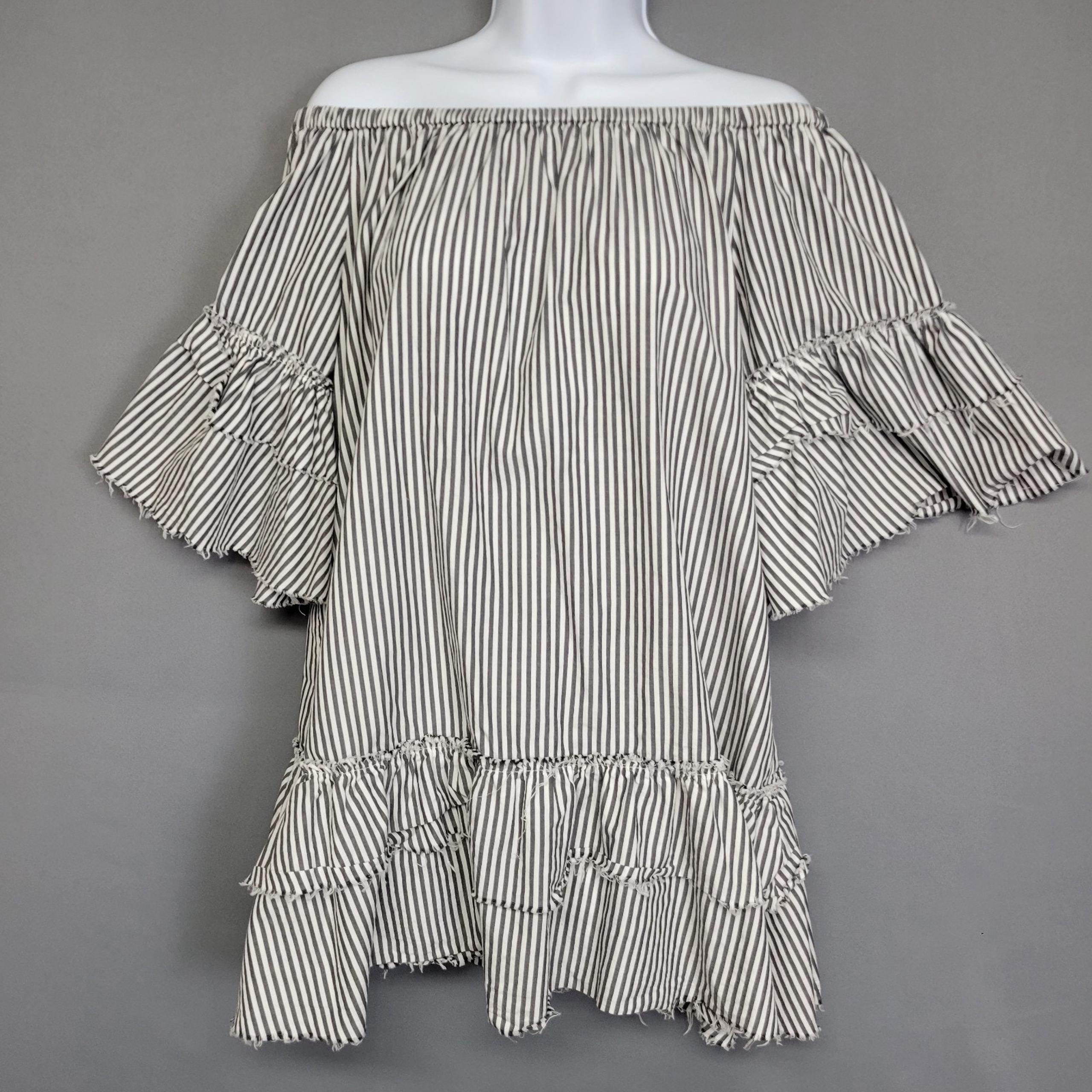 Zara Woman Off The Shoulder Mini Dress Womens Small Gray White Striped Raw Edges