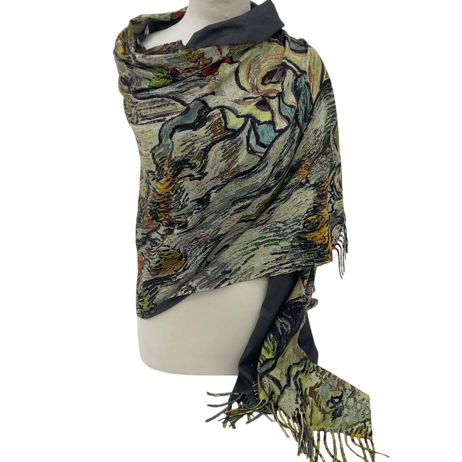 Green & Black Abstract Print Fringe Shawl Scarf - Preowned Women's Accessory