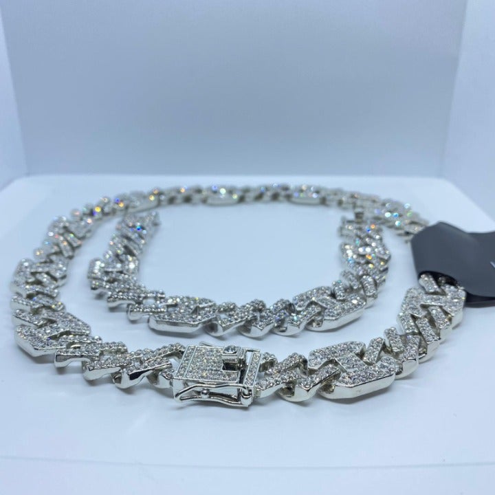 18K Plated Iced Out CZ Crystal Cuban Link Chain with Bracelet SET Silver