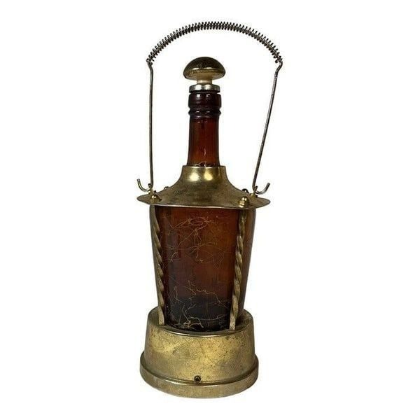 1960s Vintage Brass Amber Bottle Music Box Lantern Musical Bottle Decanter