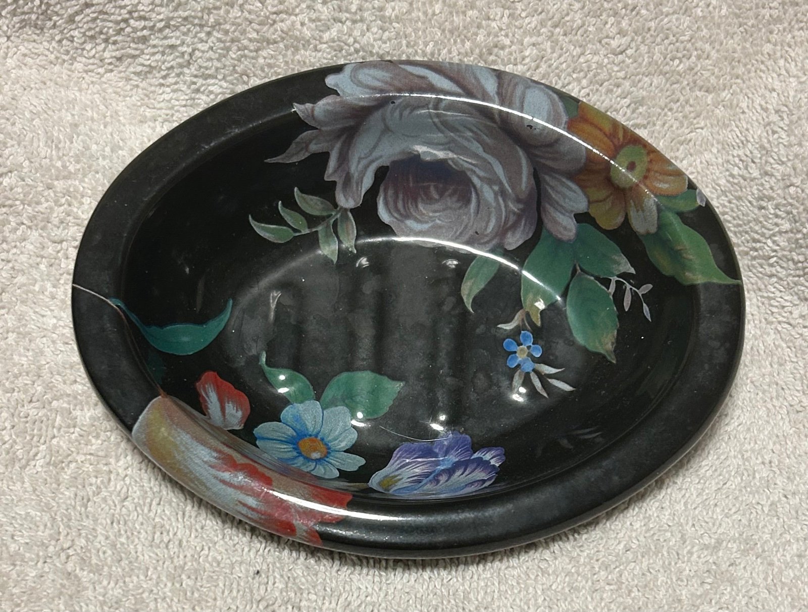 5.5” black floral design Mackenzie-Childs soap holder trinket black market steel