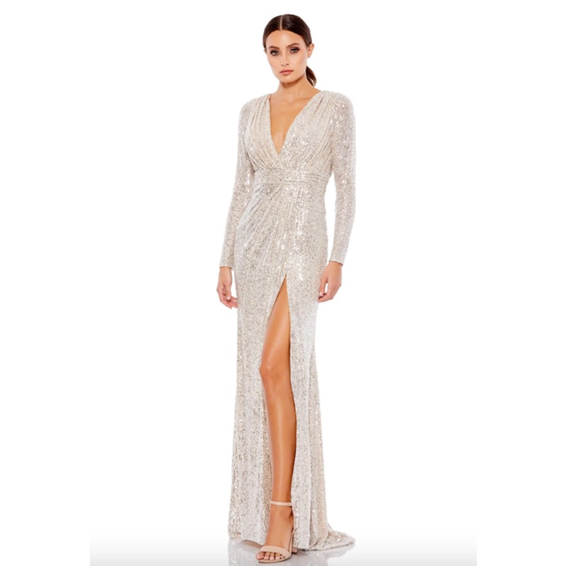 MAC DUGGAL Dress Size 8 Evening Gown Sequin Silver Cream V Neck Long Sleeve NEW
