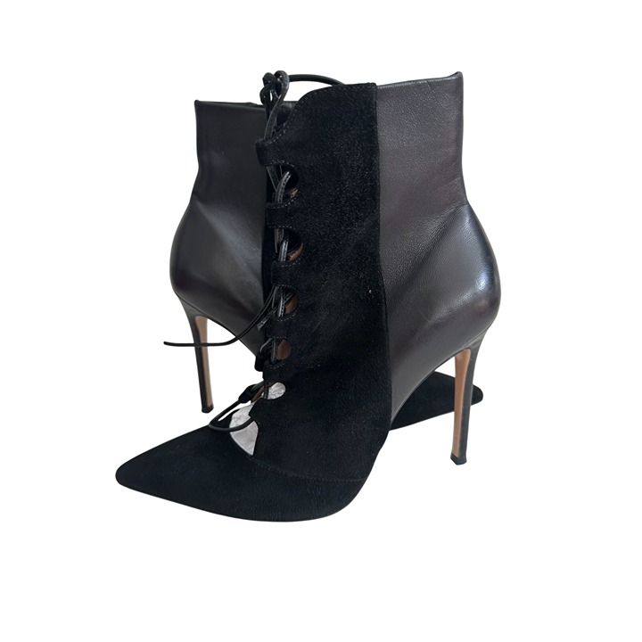 GIANVITO ROSSI Black Leather Suede Laceup Booties Heels Size 37
