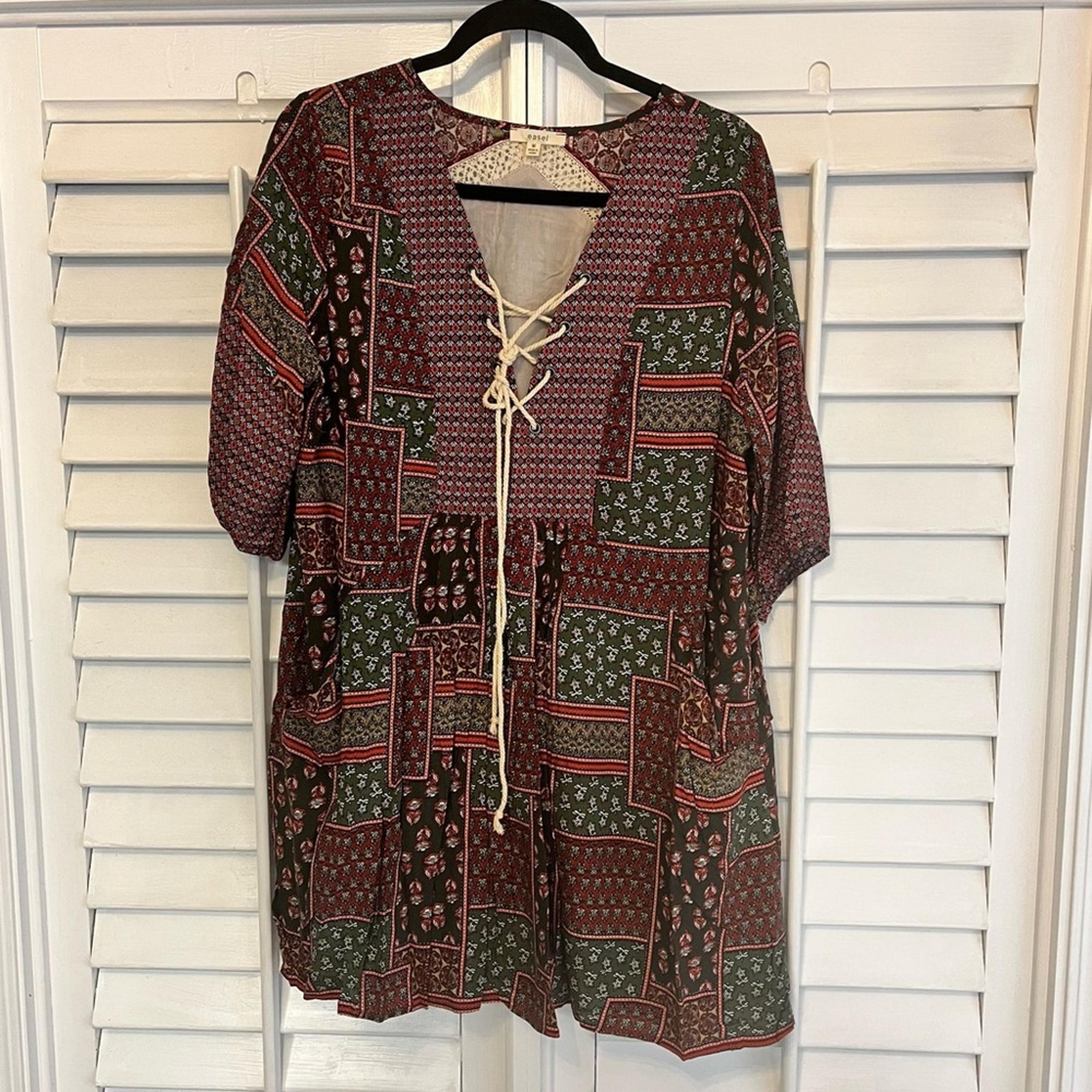 Easel Patchwork Lace Up Dress Size Medium