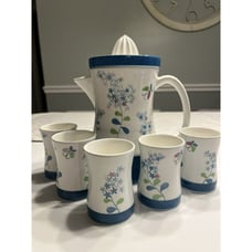 Vtg National Potteries LILAC TIME Bedford Ohio Juicer Pitcher & 5 Juice Glasses