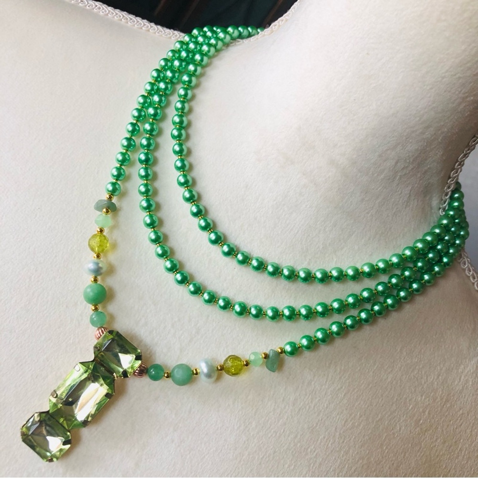 Handcrafted repurpose green stone pendant Czech glass Pearl necklace