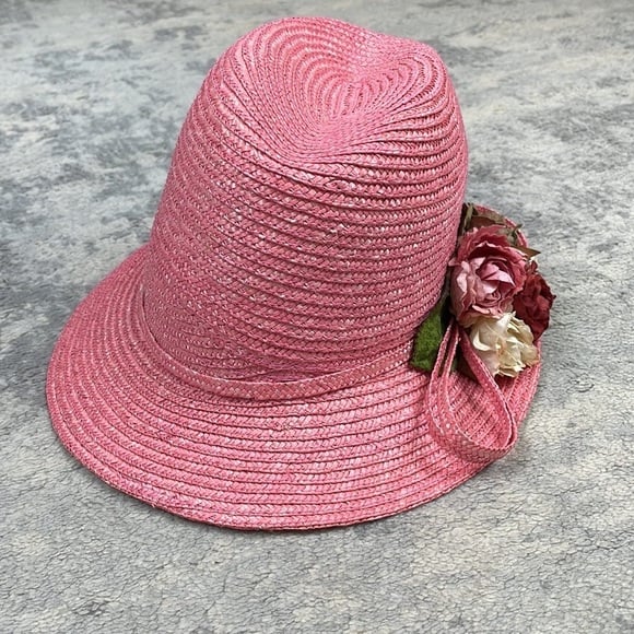 Giovannio Florence New York Pink Straw Floral Hat Spring Summer Church Derby