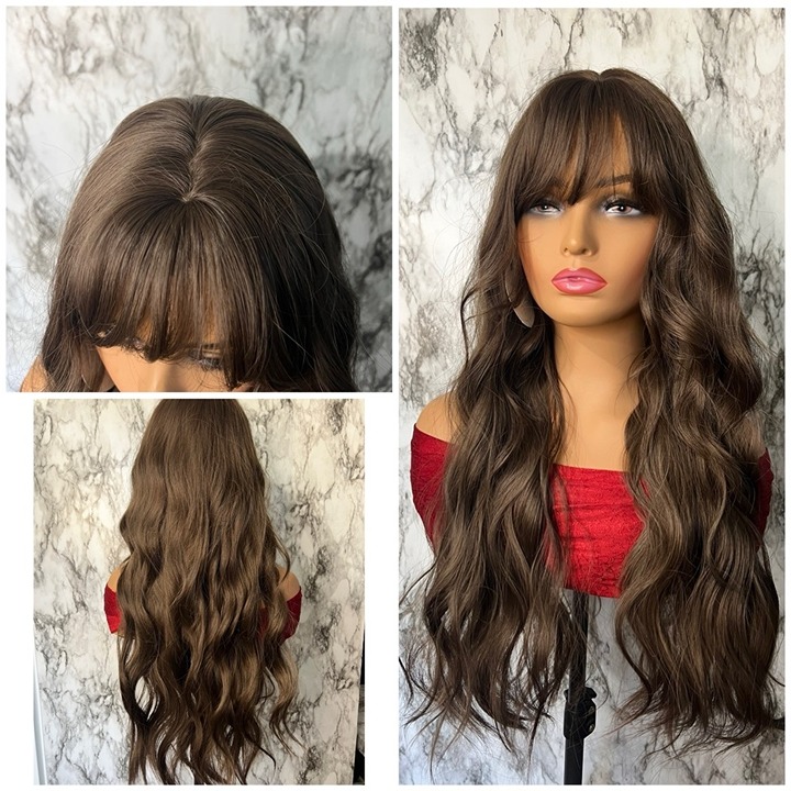 28 Inch Long Curly Wave Semi Natural Brown Wig with bangs
