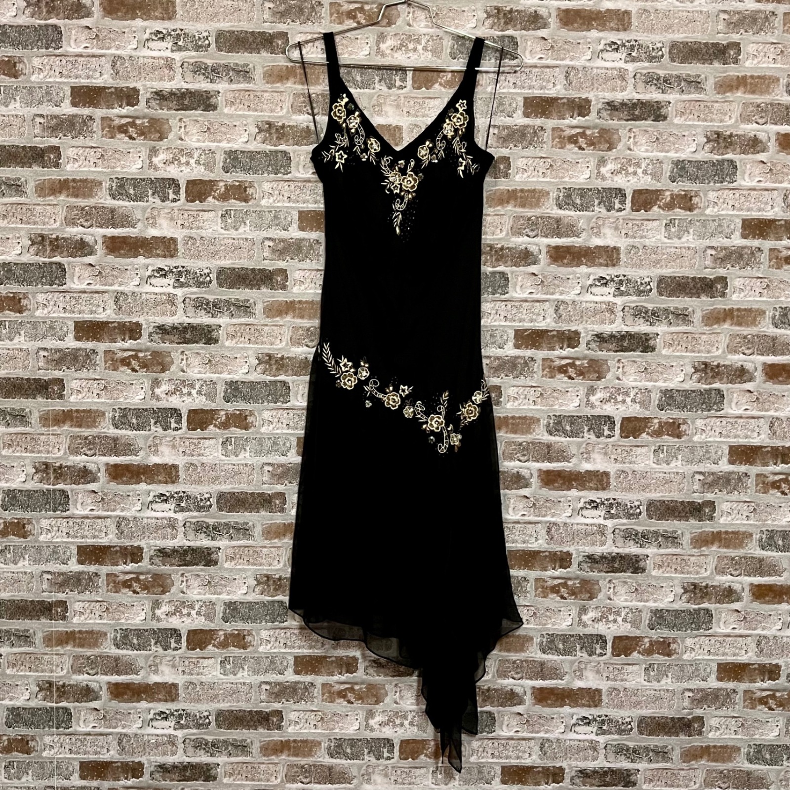 Vintage Dressbarn Collection Black Silk Dress Beaded Floral V Neck Party Size 12