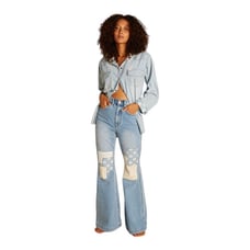 Billabong Women's X Wrangler High Rise Medium Wash Floral Patchwork Straight