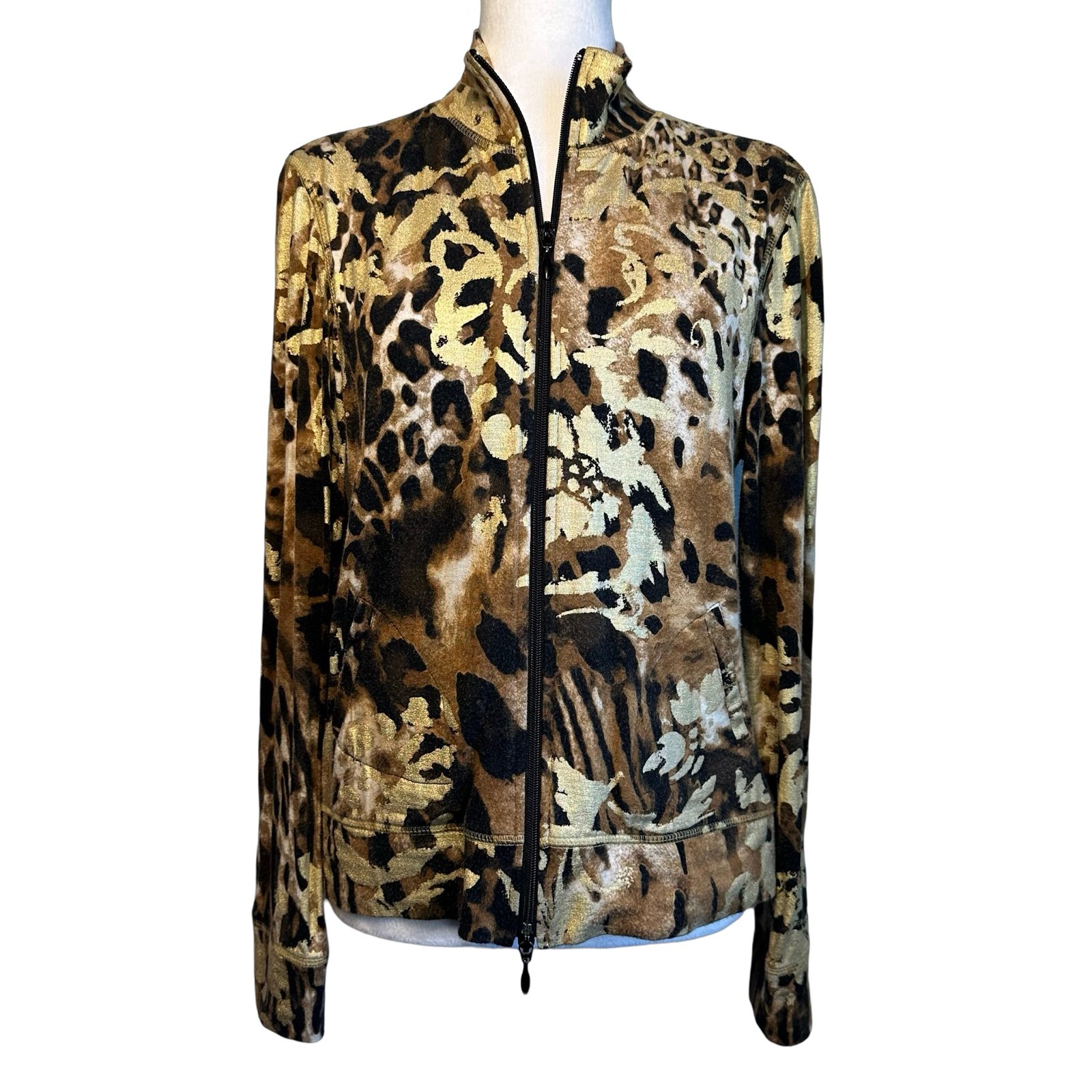 Joseph Ribkoff Gold Animal Print Floral Full Zip Front Jacket Blazer Size 10