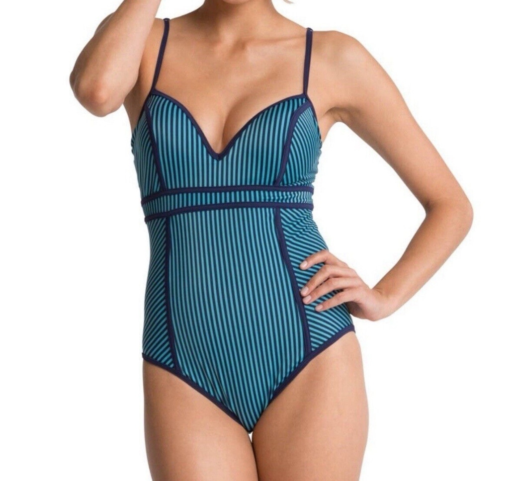 SPANX Sweetheart One Piece 14 Swimsuit Swimwear Thin Stripe Slimming Blue *READ*