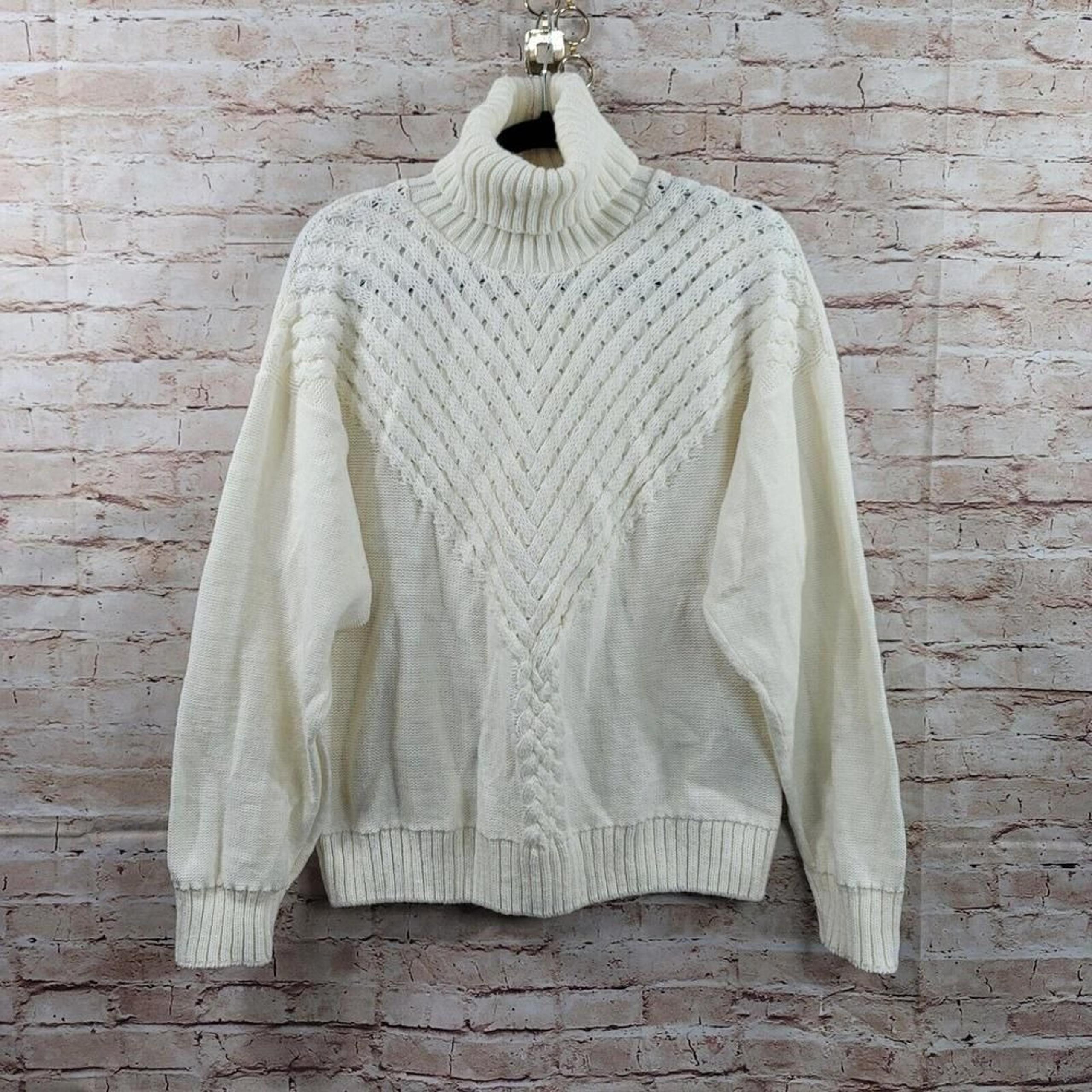 Vintage Classic Directions Women Sweater Large Ivory White Turtleneck Textured