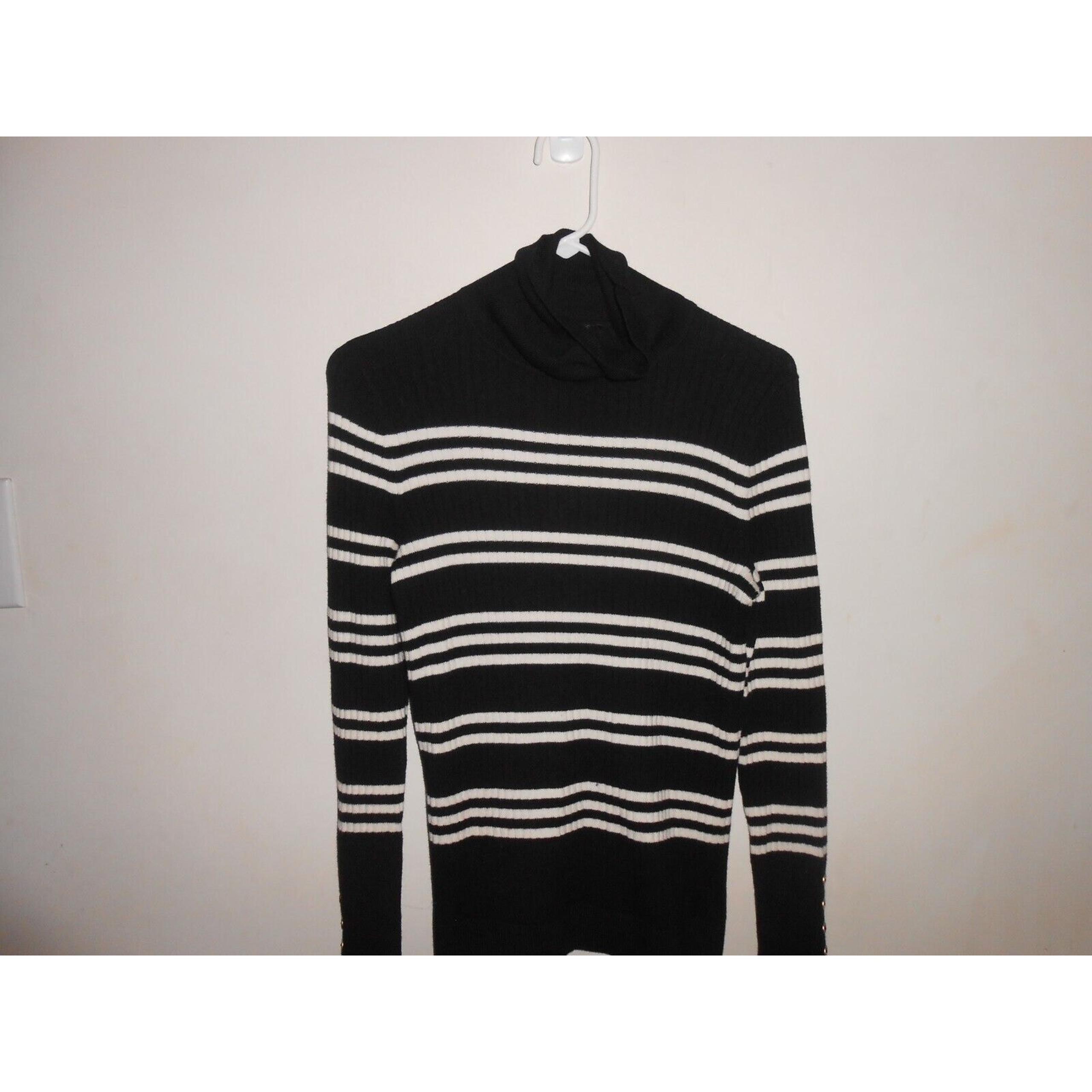 Talbots Womens Turtleneck Rib Sweater Black/White Striped. Buttons at Cuff P/S