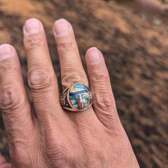 Navajo Multi Stone Inlay Ring Silver Cast Handmade Jewelry Sz Men's 11.25US **