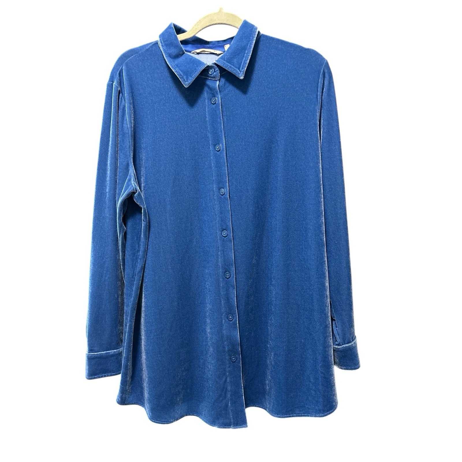 Soft Surroundings Stretch Velvet Boyfriend Tunic Shirt Women Size L Royal Blue