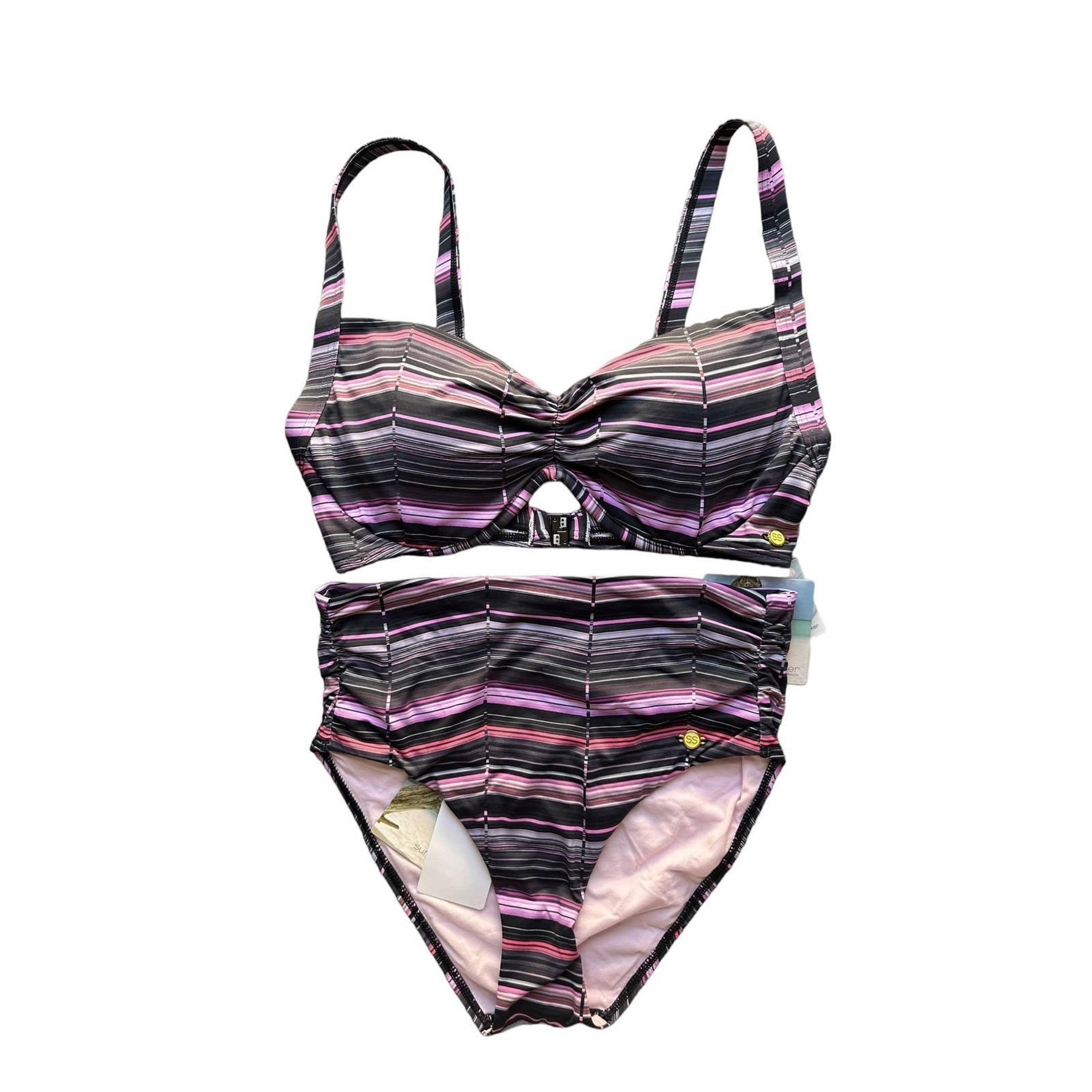 NWT Sunseeker Women 2 piece Swim Suit Size 8 bottom USA DD/E Cup pink black
