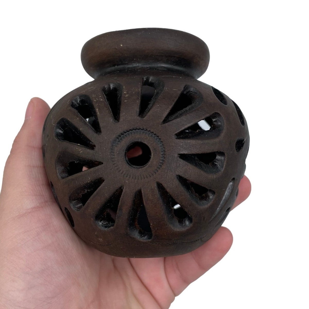 Hand engraved open work floral ceramic vase dark brown small 3.5 