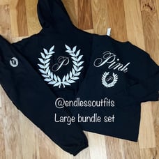 VS PINK CAMPUS BLACK SWEATPANTS TEE & SWEATSHIRT OUTFIT BUNDLE 3pc set LARGE