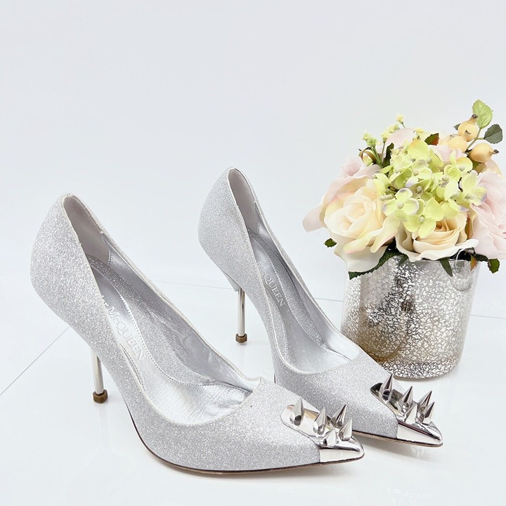 Alexander McQueen Spiked Punk Stud Heel Pump Silver Glitter EU 38.5 US 8.5 1050