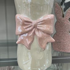 Elegant Hand-Painted Ceramic Vase with Pink Bow Accent approx 10 inches