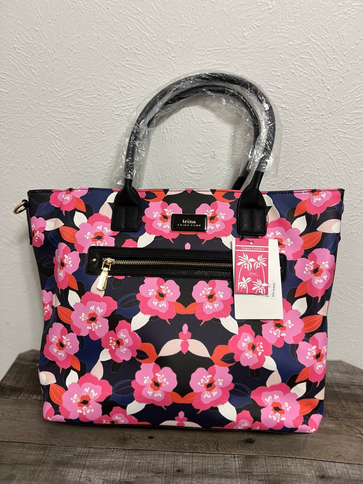 NWT Trina Turk Floral Vegan Leather Tote Bag With Crossbody Strap Zipper Closure