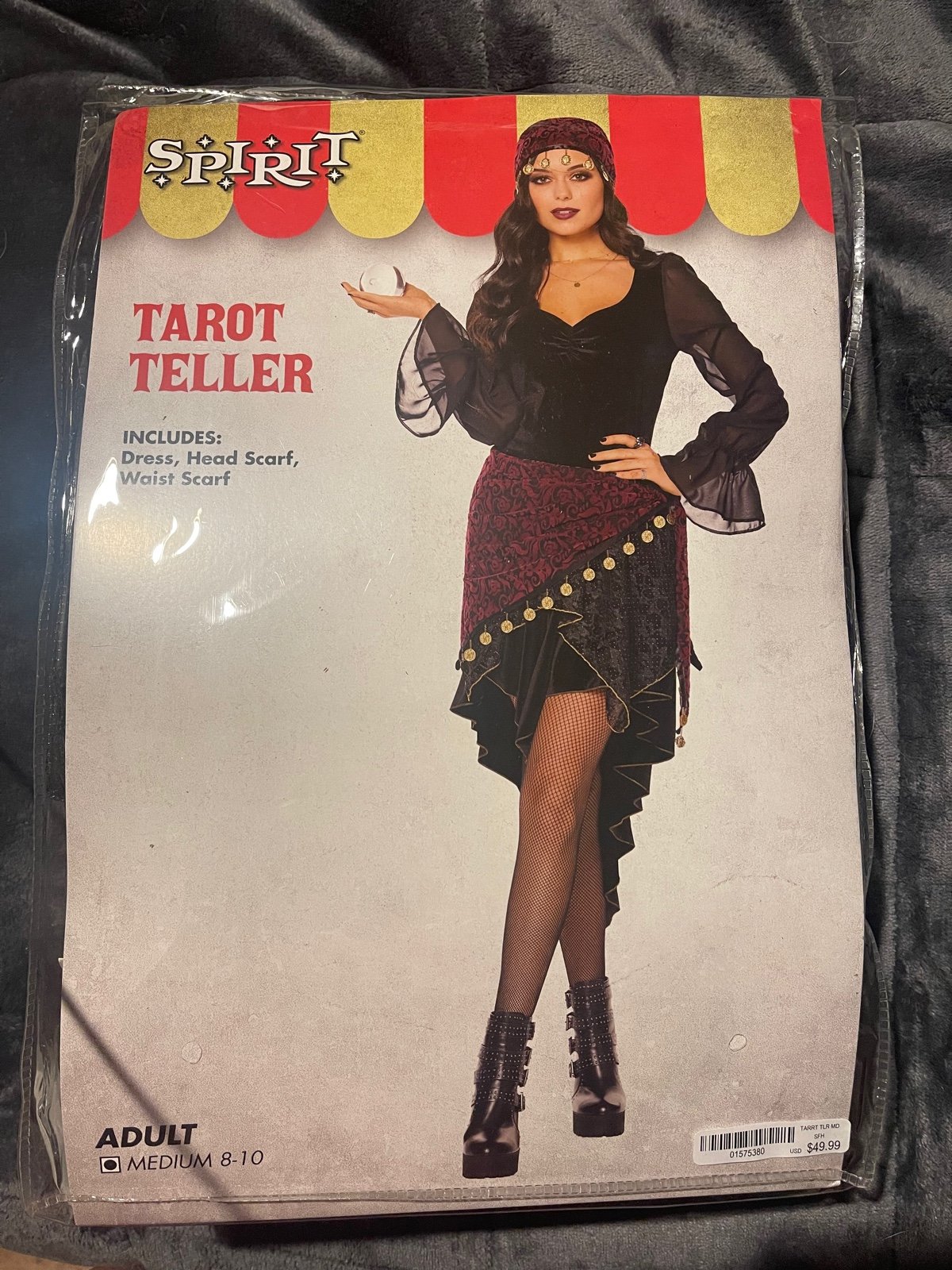 Spirit Halloween Tarot Teller costume with fishnet leggings