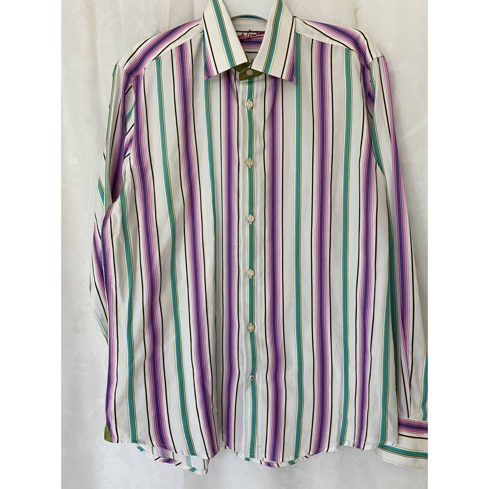 Robert Graham Shirt Button Down Long Sleeve Striped Purple Pink White Blue L 42