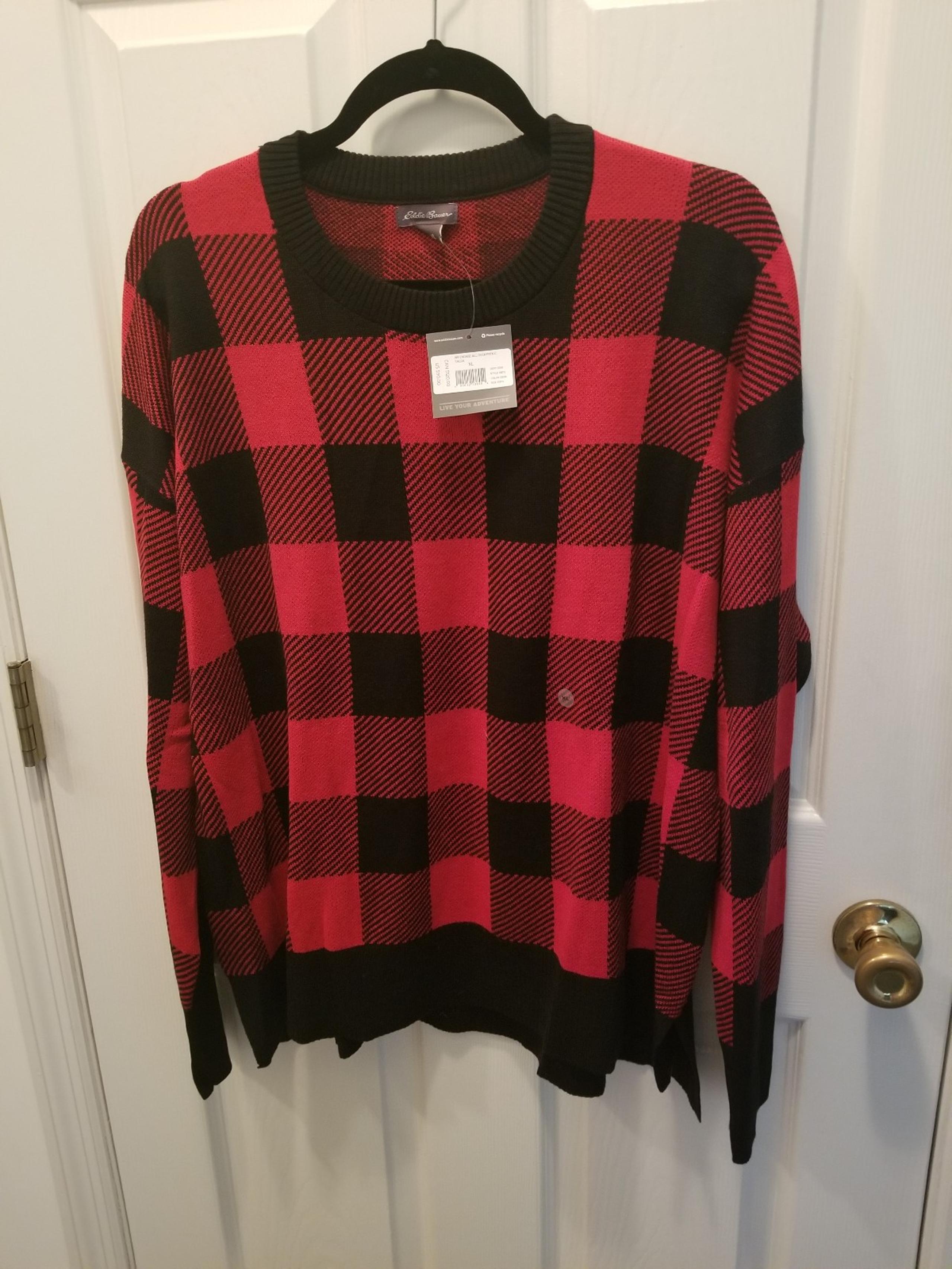 Eddie Bauer stylish red and black plaid sweater