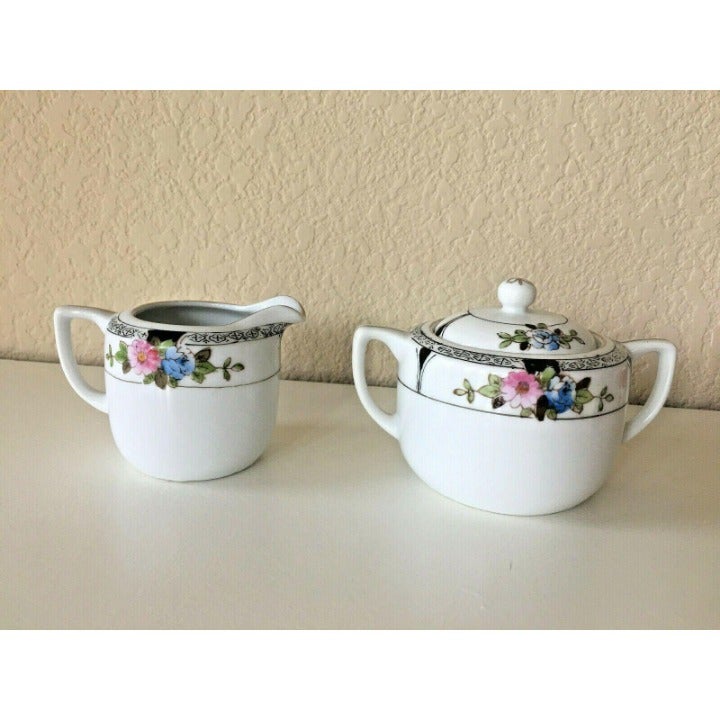 Antique Morimura Brothers Noritake Creamer & Sugar Bowl Gold Trim Floral Cottage