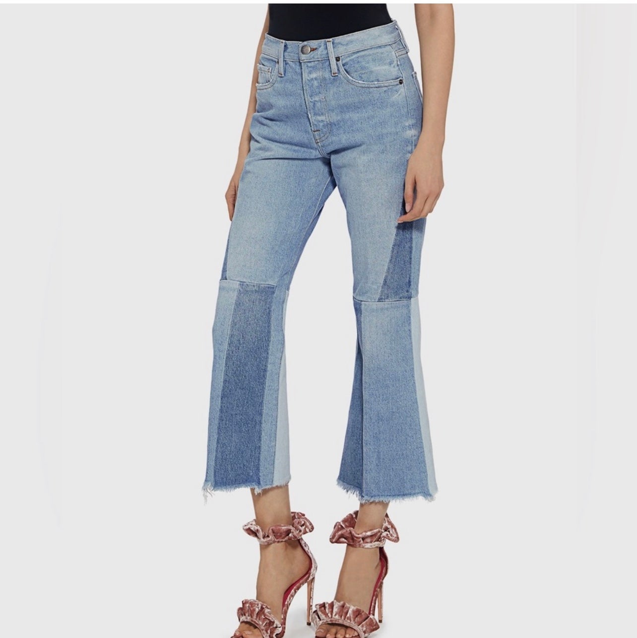 Frame denim tone two denim extreme flare ankle patchwork jeans raw hem Sz 24