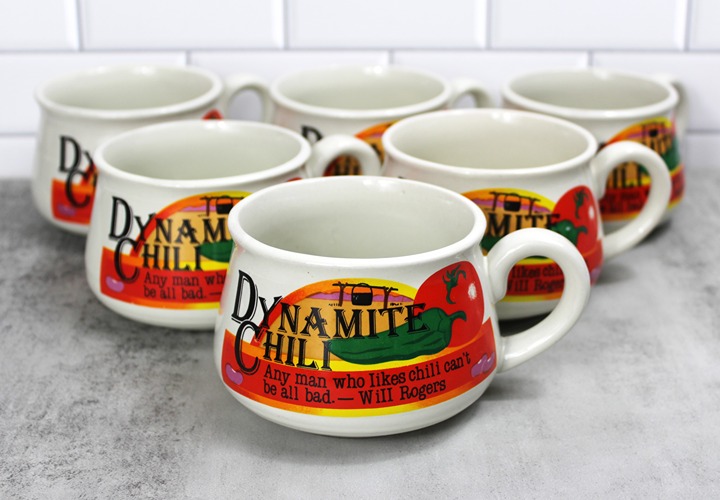 Vintage Dynamite Chili Stoneware Bowls Mugs Handles Set of 6 Will Rogers Quote