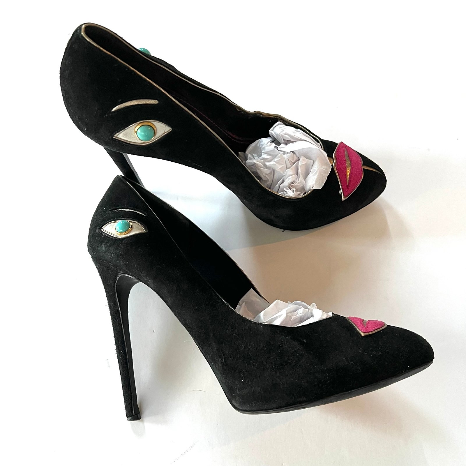 Dolce & Gabbana Portrait Lips & Eyes Black Suede Stiletto Heels Vintage